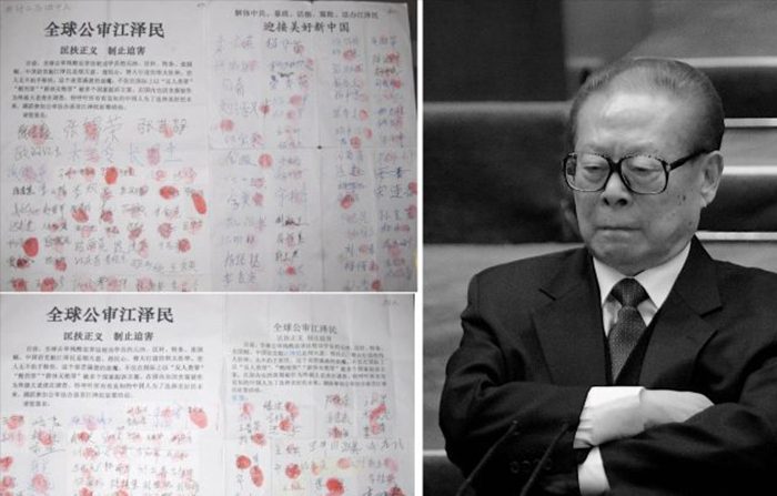 (A sinistra) Oltre3.000 residenti della regione di Jianli nella provincia dello Hubei hanno firmato una denuncia congiunta contro l‘ex leder cinese Jiang Zemin. Ad oggi oltre 209.000 cittadini cinesi hanno inviato denuncie penali contro Jiang. (Minghui.org), (A destra) L’ex leader del Partito Comunista Cinese Jiang Zemin che ha dato inizio e istigato la persecuzione dei praticanti del Falun