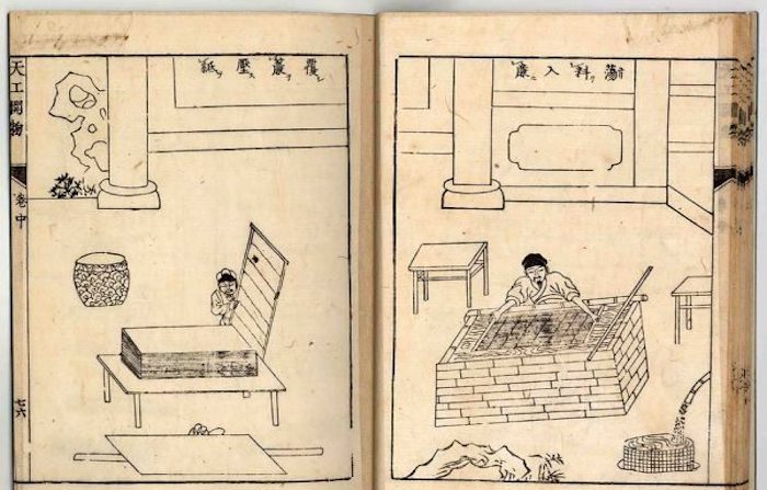 Metodo antico di produzione della carta cinese secondo il libro  Creazioni Celesti (Tian Gong Kai Wu). Illustrazioni originali del libro.