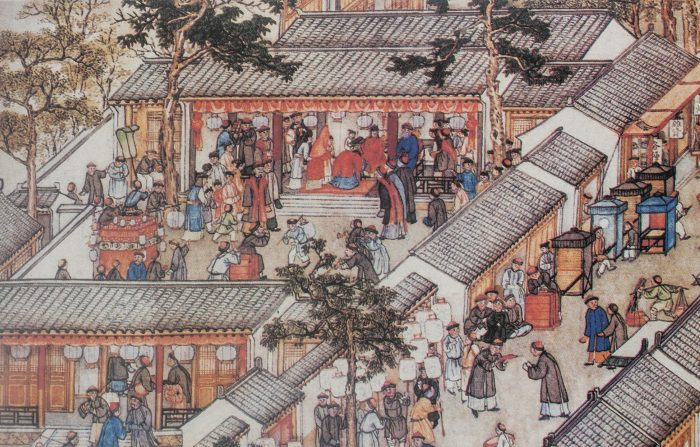 Una cerimonia di nozze tradizionale in Cina, rappresentata nel famoso rotolo "Prosperous Suzhou" di Xu Yang, 1759. (Dominio Pubblico)