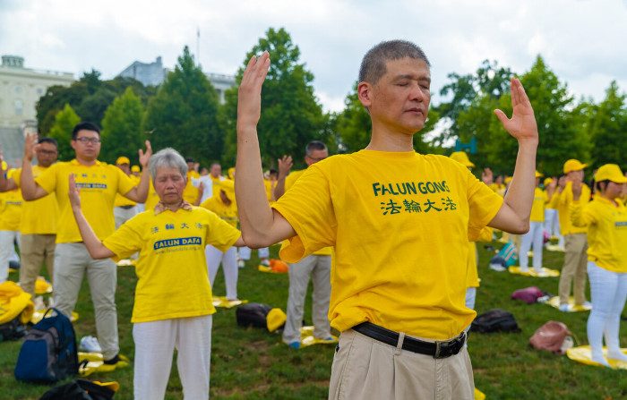 I praticanti del Falun Gong eseguono gli esercizi di meditazione durante un raduno per sensibilizzare l'opinione pubblica sulla ventennale persecuzione del Falun Gong in Cina, sul prato occidentale di Capitol Hill, Washington, il 18 luglio 2019. (Mark Zou/The Epoch Times)