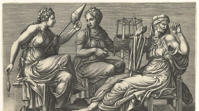 Le tre Parche greche, che filano, tirano e tagliano il filo della vita. Incisione, 1558-9, di Giorgio Ghisi da Giulio Romano. Metropolitan Museum of Art, (PD-US)