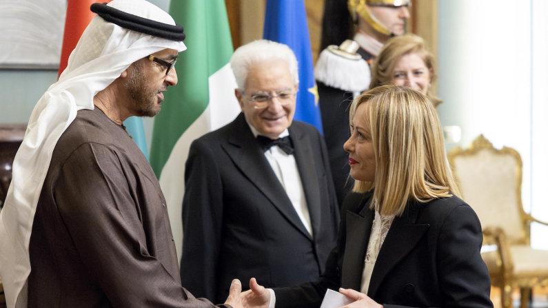 Sergio Mattarella e Giorgia Meloni  ricevono lo Sceicco Mohamed bin Zayed Al Nahyan, Roma 23 Febbraio 2025
(foto ANSA/Paolo Giandotti - Uff. per la Stampa e la Comunicazione della Presidenza della Repubblica)