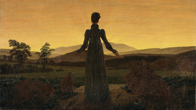 Caspar David Friedrich, Donna davanti al sole che sorge o tramonta 
1818-1824 circa. Olio su tela. I corpi celesti, un motivo popolare in tutta l'opera di Friedrich, erano simbolo di mortalità, rinnovamento, destino e speranza durante il periodo romantico.
Foto di pubblico dominio