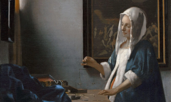 Johannes Vermeer, Particolare di Donna con bilancia, 1664 circa, di  Olio su tela; Galleria Nazionale d'Arte, Washington D.C. Pubblico dominio