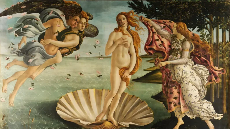 “La nascita di Venere”, 1485 circa, di Sandro Botticelli. Tempera e gesso su tela.
Galleria degli Uffizi, Firenze. Pubblico dominio