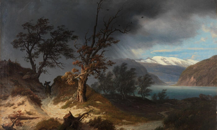 Thomas Fearnley, Paesaggio tempestoso con cavaliere”, 1835. Museo nazionale d'arte, Norvegia. Pubblico dominio