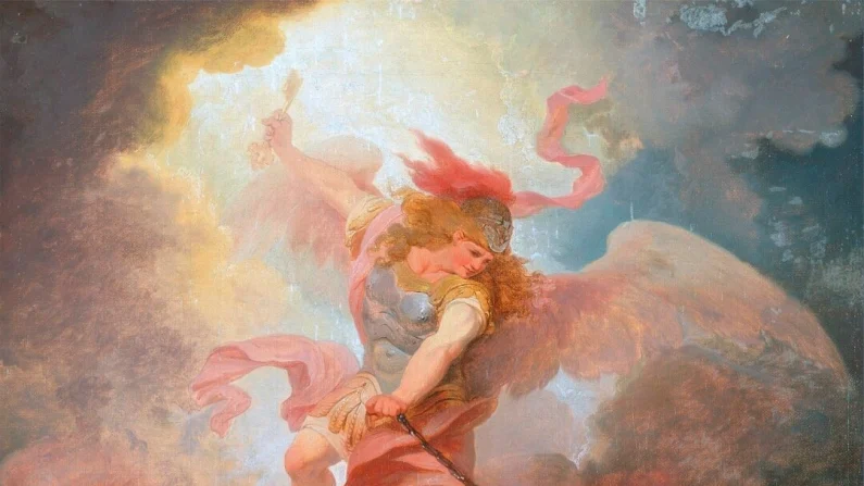 
Philip James di Loutherbourg, “L'angelo lega Satana”, 1797 ca.  Particolare. Centro di Yale per l'arte britannica, Connecticut. Pubblico dominio