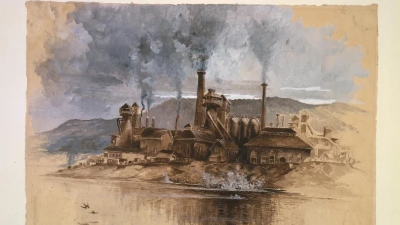 Disegno ad acquerello di una fabbrica di acciaio a Bethlehem, Penn, nel 1881. Una preziosa lezione davanti a una fabbrica di acciaio. Pubblico dominio