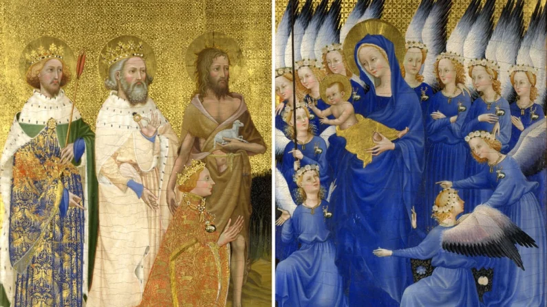 Pannelli interni del “Dittico di Wilton”, 1395-1399 circa, di un artista inglese o francese sconosciuto. Tempera all'uovo su legno. National Gallery, Londra. Pubblico dominio