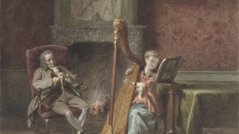 David Bles, Scena d'interno con una suonatrice d'arpa, XIX secolo. Pubblico dominio