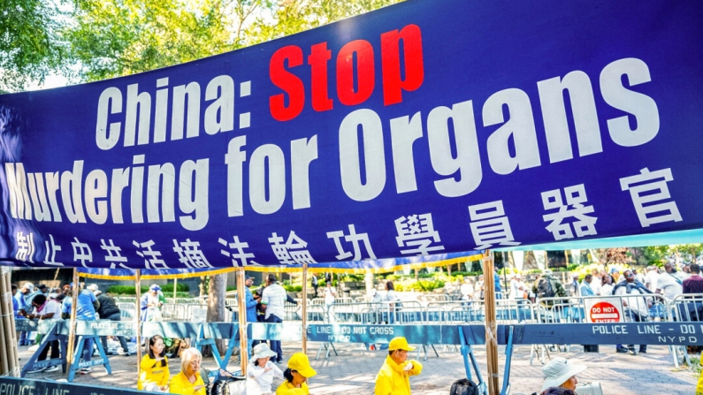 Uno striscione chiede la fine del prelievo forzato di organi dai praticanti del Falun Gong in Cina, il 20 settembre 2023, alle Nazioni Unite a New York. Chung I Ho/The Epoch Times