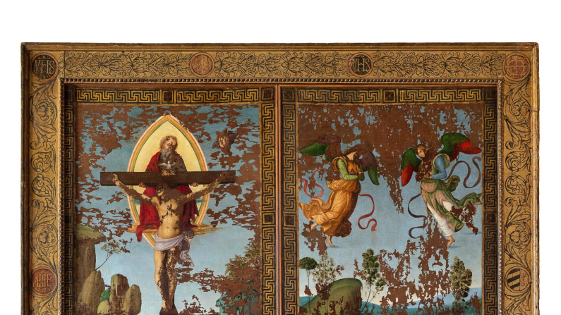 Stendardo processionale della S.S. Trinità di Raffaello. Raffaello (Urbino, 1483 – Roma, 1520)
Gonfalone della Santissima Trinità a due facce
Trinità tra i santi Sebastiano e Rocco
Creazione di Eva e due angeli
1499-1501
olio su tela
(Città di Castello, Pinacoteca comunale)