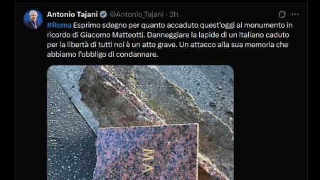 Tajani: sdegno per il danneggiamento della lapide di Matteotti