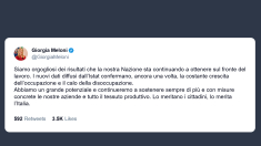 Meloni: crescita occupazionale italiana fonte di orgoglio