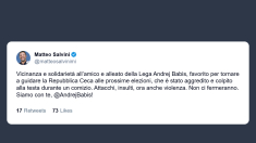 Salvini: solidarietà a Andrej Babis, colpito durante un comizio