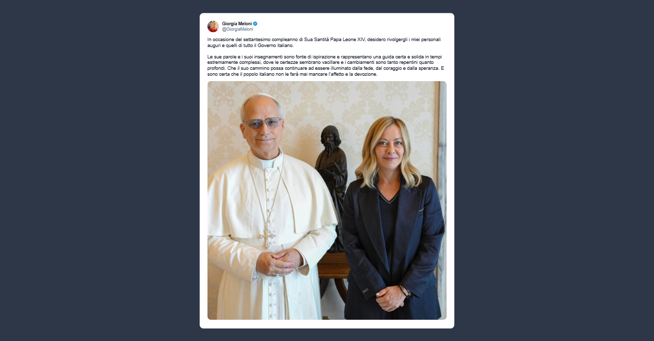 Meloni: auguri auguri al Papa Leone XIV
