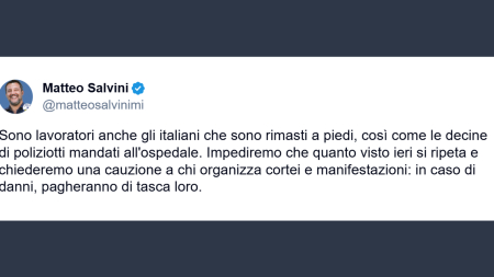 Salvini: cauzione per i cortei e tutela per lavoratori e poliziotti