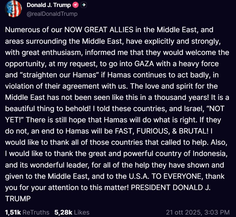 Trump: Hamas avvertita Alleati pronti a intervenire a Gaza