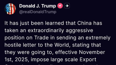 Trump: dal 1° novembre scattano i dazi del 100% sui prodotti cinesi