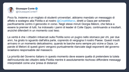 Giuseppe Conte difende la Flotilla e attacca Giorgia Meloni