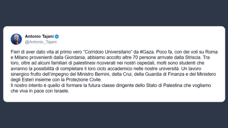 Tajani: fieri di aver dato vita al primo vero “Corridoio Universitario” da Gaza