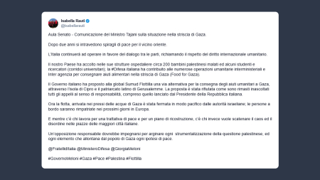 Isabella Rauti commenta la comunicazione di Tajani su Gaza