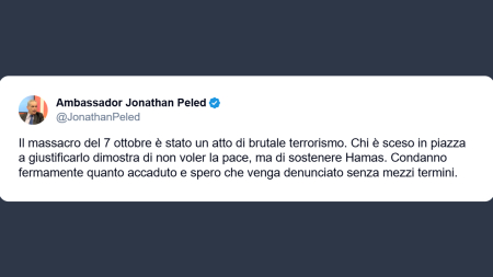 Ambasciatore Israele: massacro del 7 ottobre di terrorismo Chi giustifica sostiene Hamas