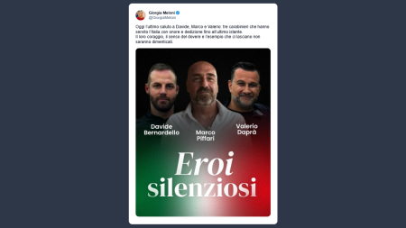 Meloni: oggi l’ultimo saluto ai tre carabinieri Davide, Marco e Valerio