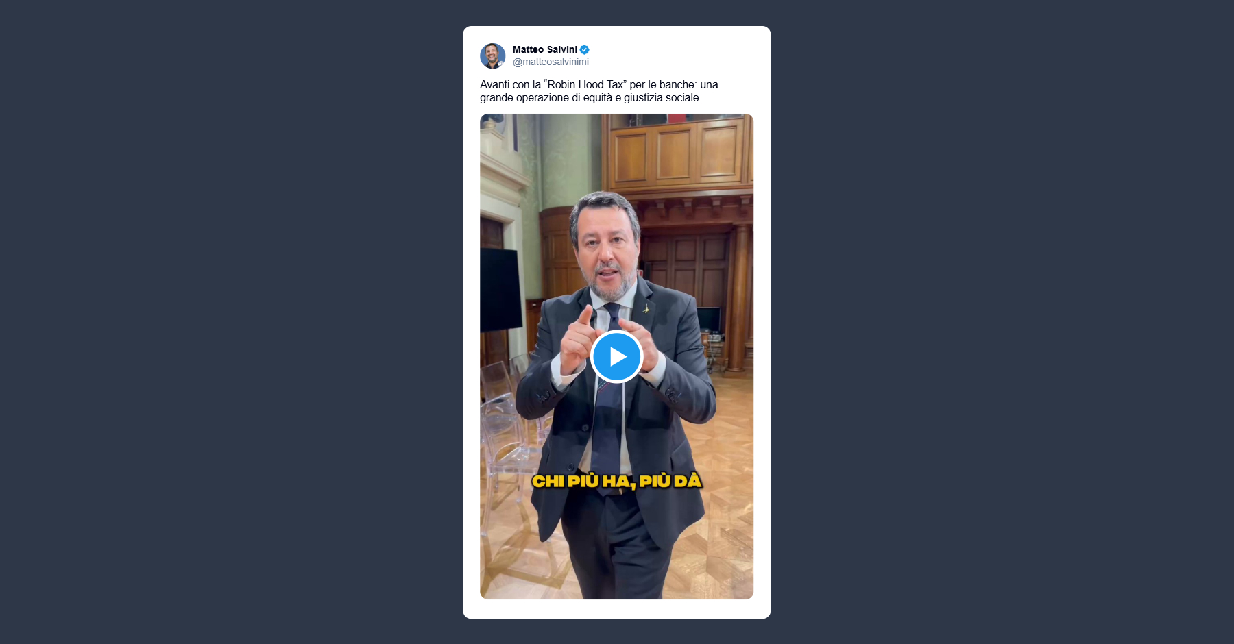 Salvini sulla “Robin Hood Tax”: grande operazione di giustizia sociale Chi più ha, più dà