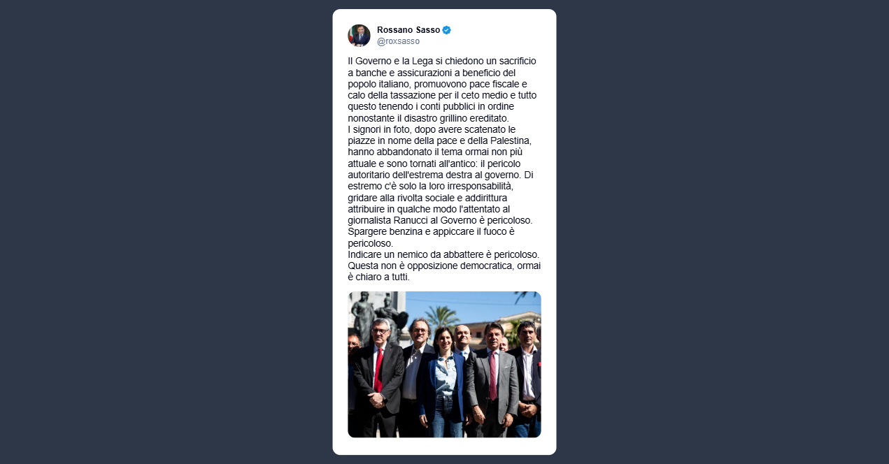 Sasso: attribuire l’attentato a Ranucci al Governo è pericoloso
