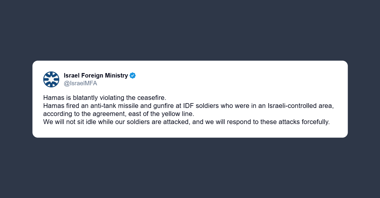 Ministero Esteri israeliano: Hamas sta palesemente violando il cessate il fuoco