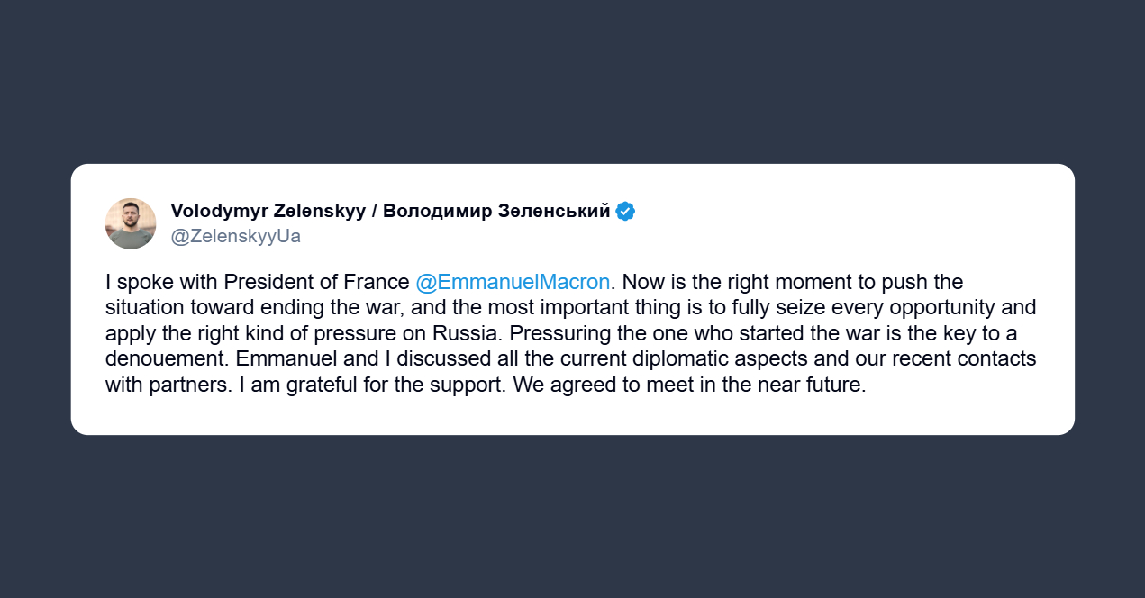 Zelensky a Macron: è il momento giusto per spingere verso la fine della guerra