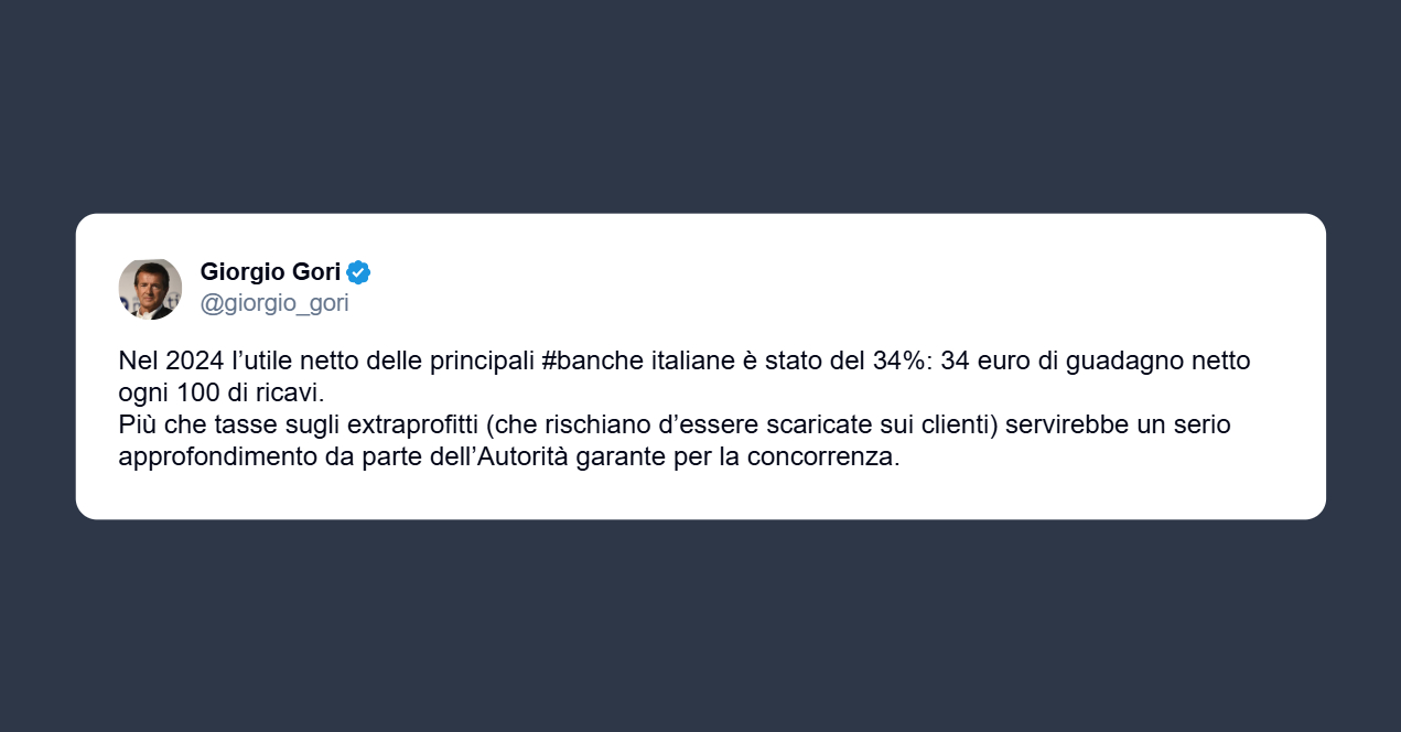 Gori: per il netto delle banche italiane serve approfondimento da parte dell’Autorità garante per la concorrenza