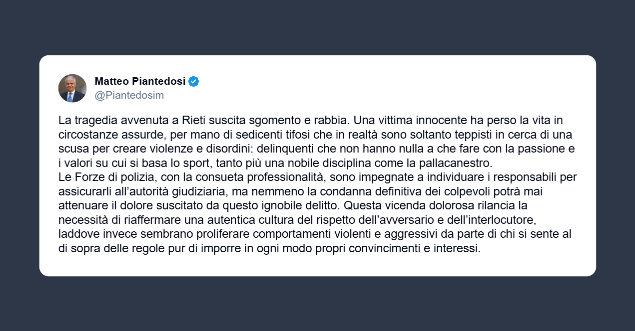 Piantedosi: sgomento e rabbia per la tragedia di Rieti