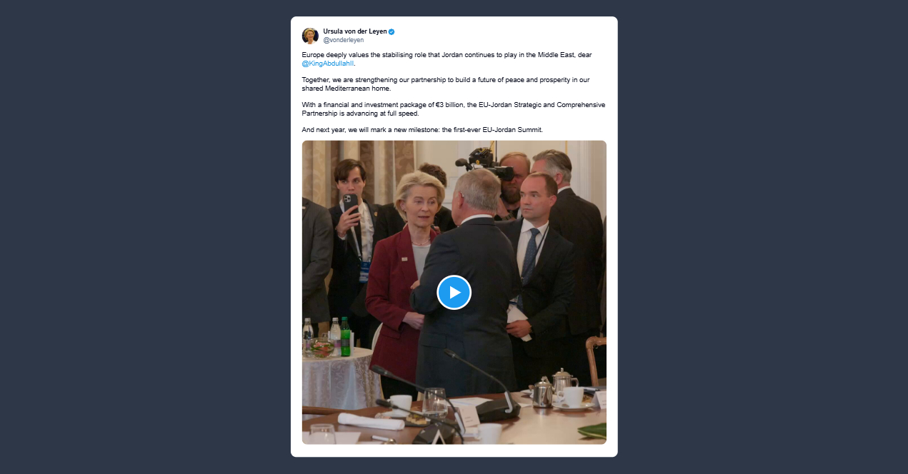 Von der Leyen: partenariato tra Ue e Giordania procede «a pieno ritmo»