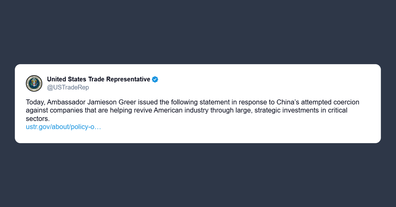 Greer: i tentativi di intimidazione della Cina non fermeranno gli Usa