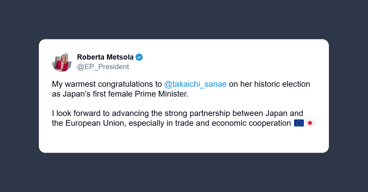 Metsola: congratulazioni a Sanae Takaichi per la sua elezione storica
