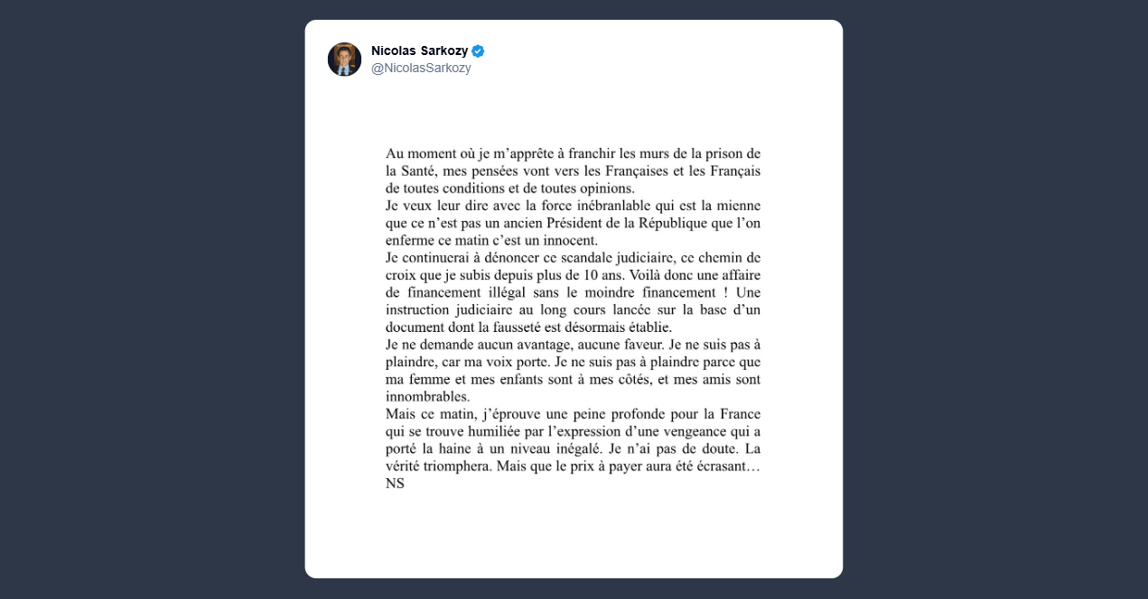 Sarkozy: oggi viene rinchiuso un innocente