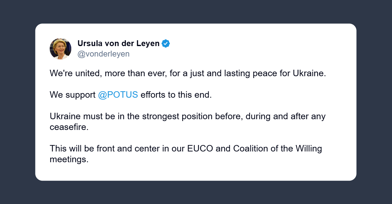 Von der Leyen: sosteniamo gli sforzi di Trump per una pace giusta in Ucraina