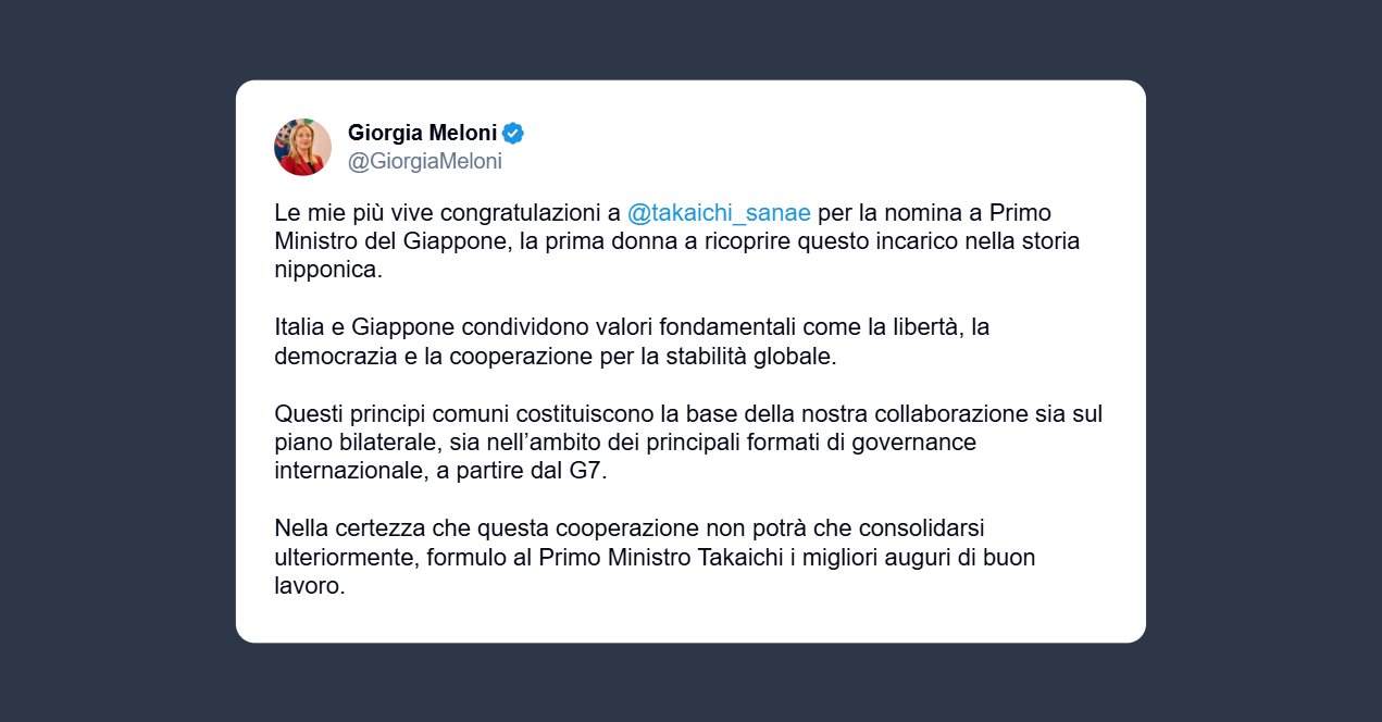 Meloni: congratulazioni a Takaichi Sanae per la nomina a primo ministro del Giappone