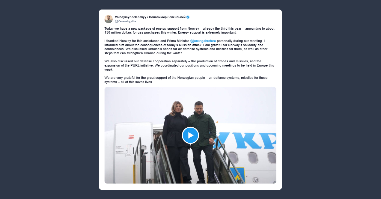 Zelensky: riceviamo sostegno energetico dalla Norvegia