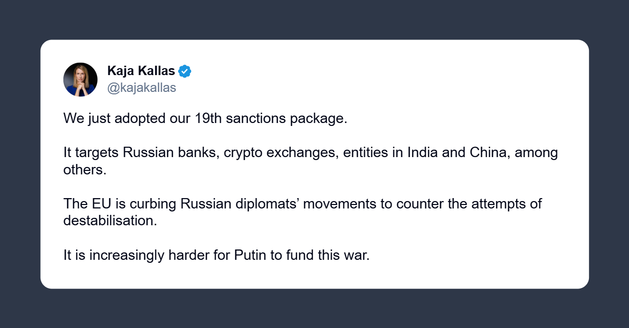 Kallas: l’Ue ha adottato il diciannovesimo pacchetto di sanzioni contro la Russia