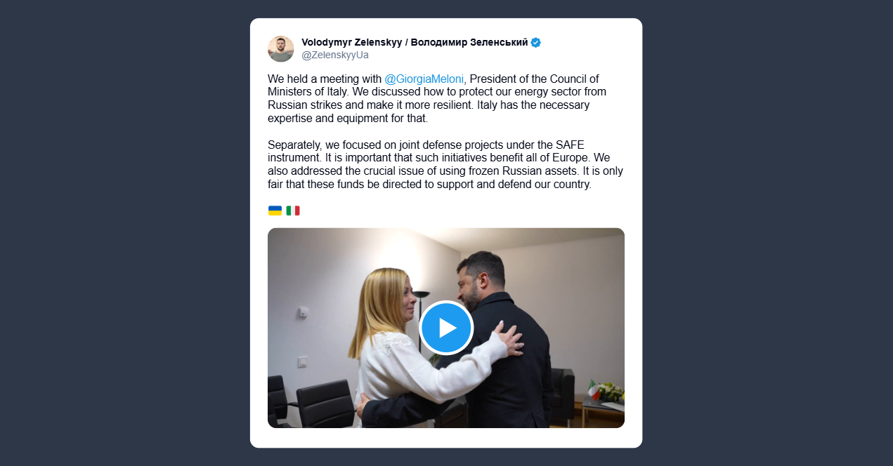 Zelensky all’incontro con Giorgia Meloni: obiettivo proteggere settore energetico da attacchi russi