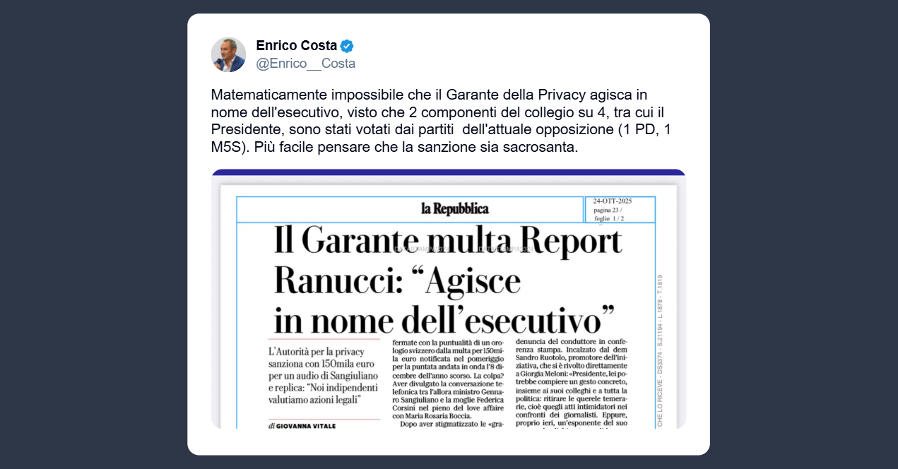 Costa: garante della Privacy non agirà in nome dell’esecutivo