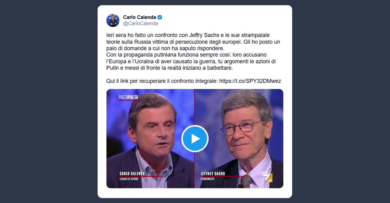 Calenda su Jeffry Sachs: con la propaganda putiniana non ha saputo rispondere