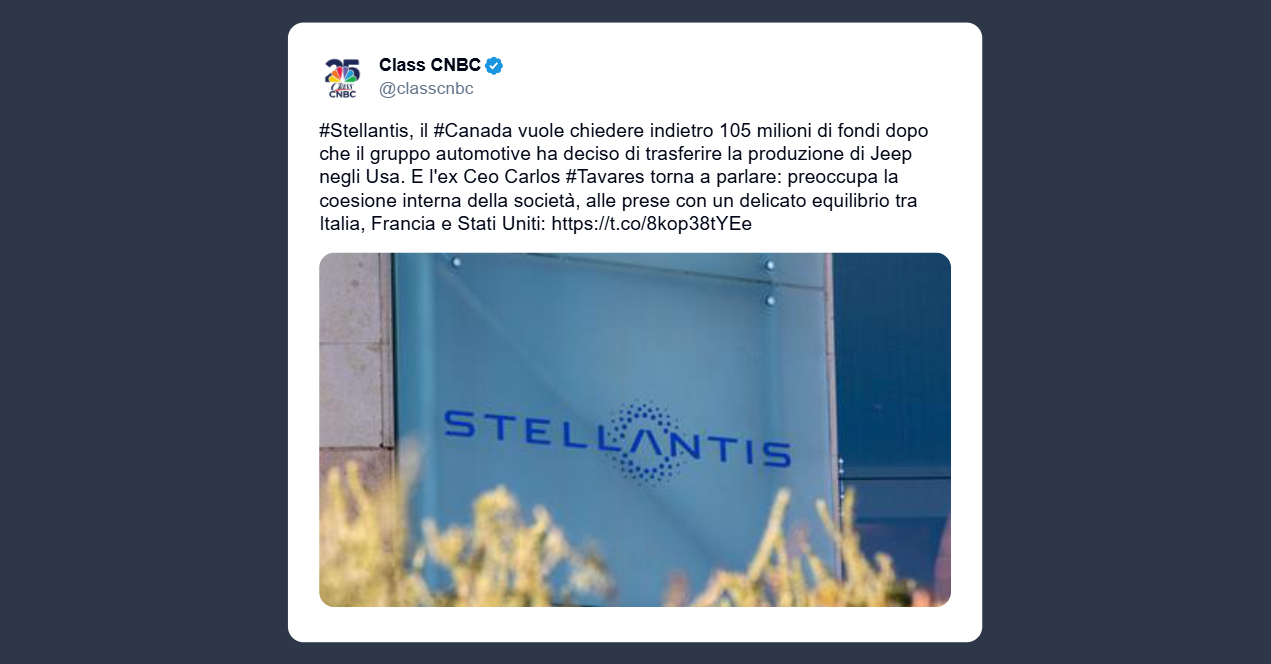 Il Canada rivuole indietro i 105 milioni di fondi di Stellantis