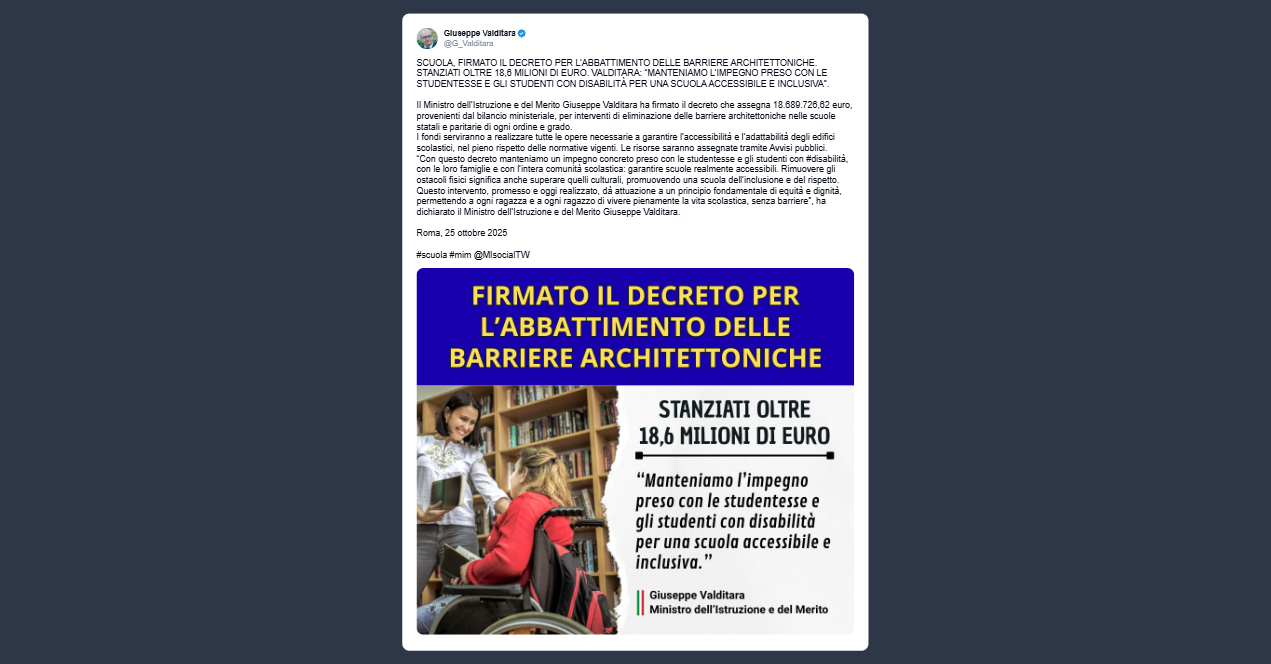 Valditara: firmato il decreto per l’abbattimento delle barriere architettoniche nelle scuole statali e paritarie