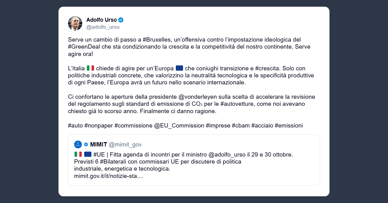 Urso: ideologica del Green Deal sta condizionando la crescita e la competitività del nostro continente