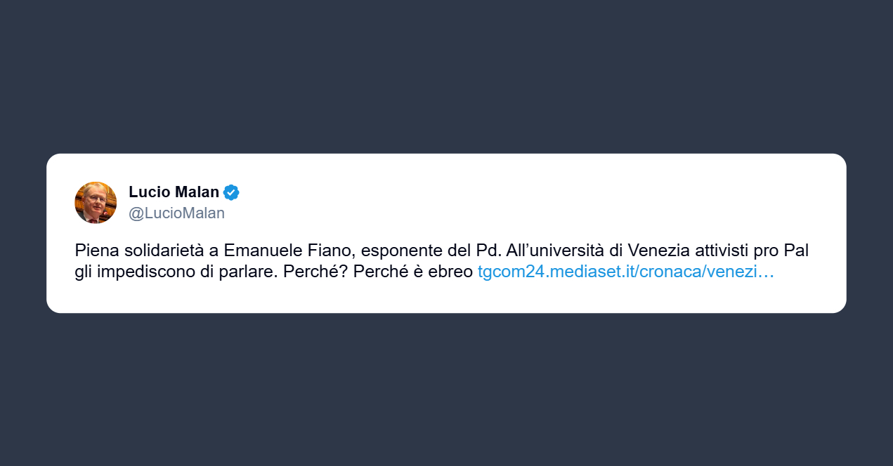 Malan: Pro Pal zittiscono Emanuele Fiano perché ebreo