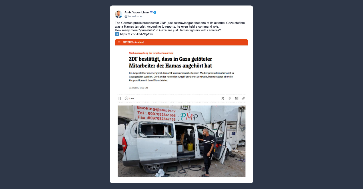 Yacov Livne: emittente pubblica tedesca Zdf ammette che un suo collaboratore a Gaza era un terrorista di Hamas